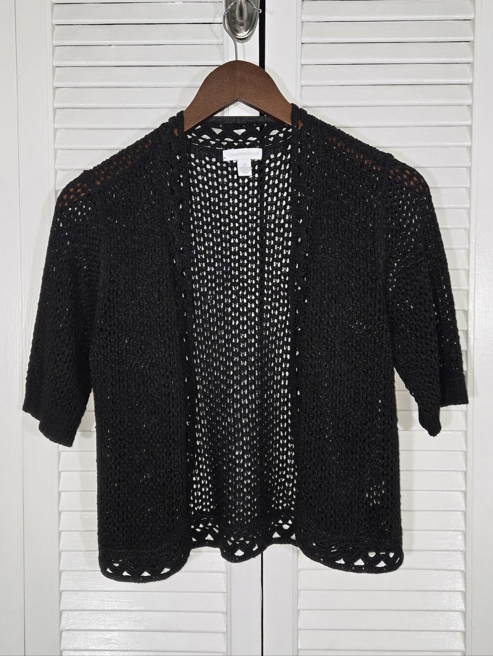 Charter Club Open Knit Black Mesh Like Short Sleeve Open Front Cardigan Sz M